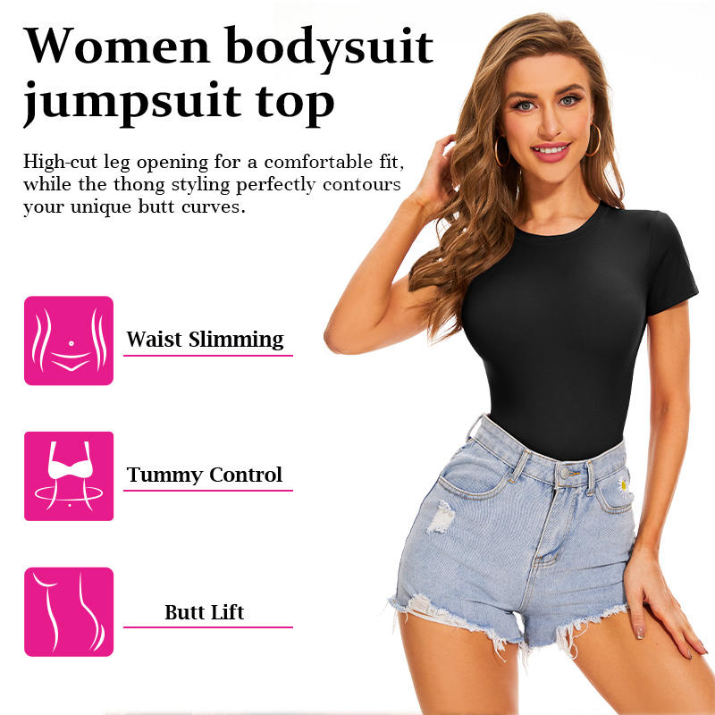 T Shirt Tops Second-skin Feel Shapewear Crew Neck Short Sleeve Bodysuit For Women