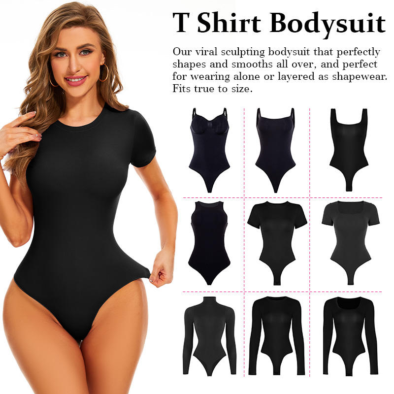 T Shirt Tops Second-skin Feel Shapewear Crew Neck Short Sleeve Bodysuit For Women